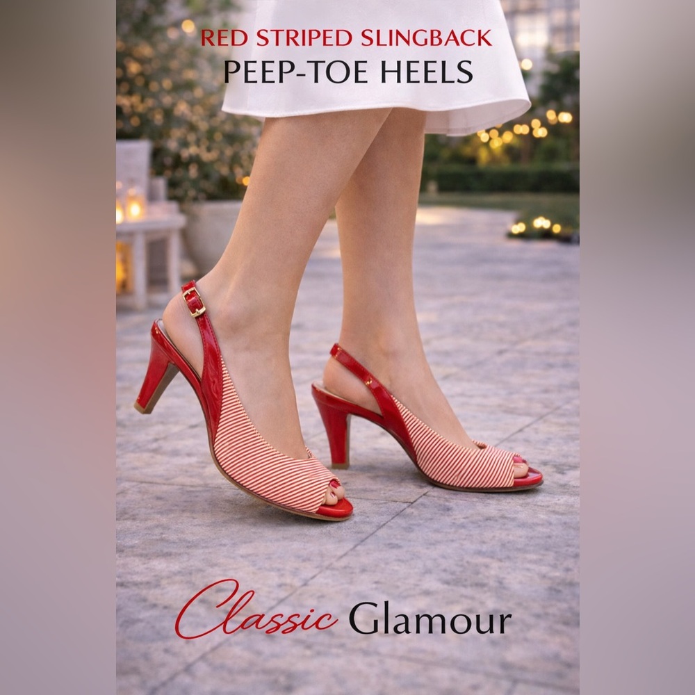 Aubrey Lynn Red Striped Slingback Peep-Toe Heels - Picture 2 of 5